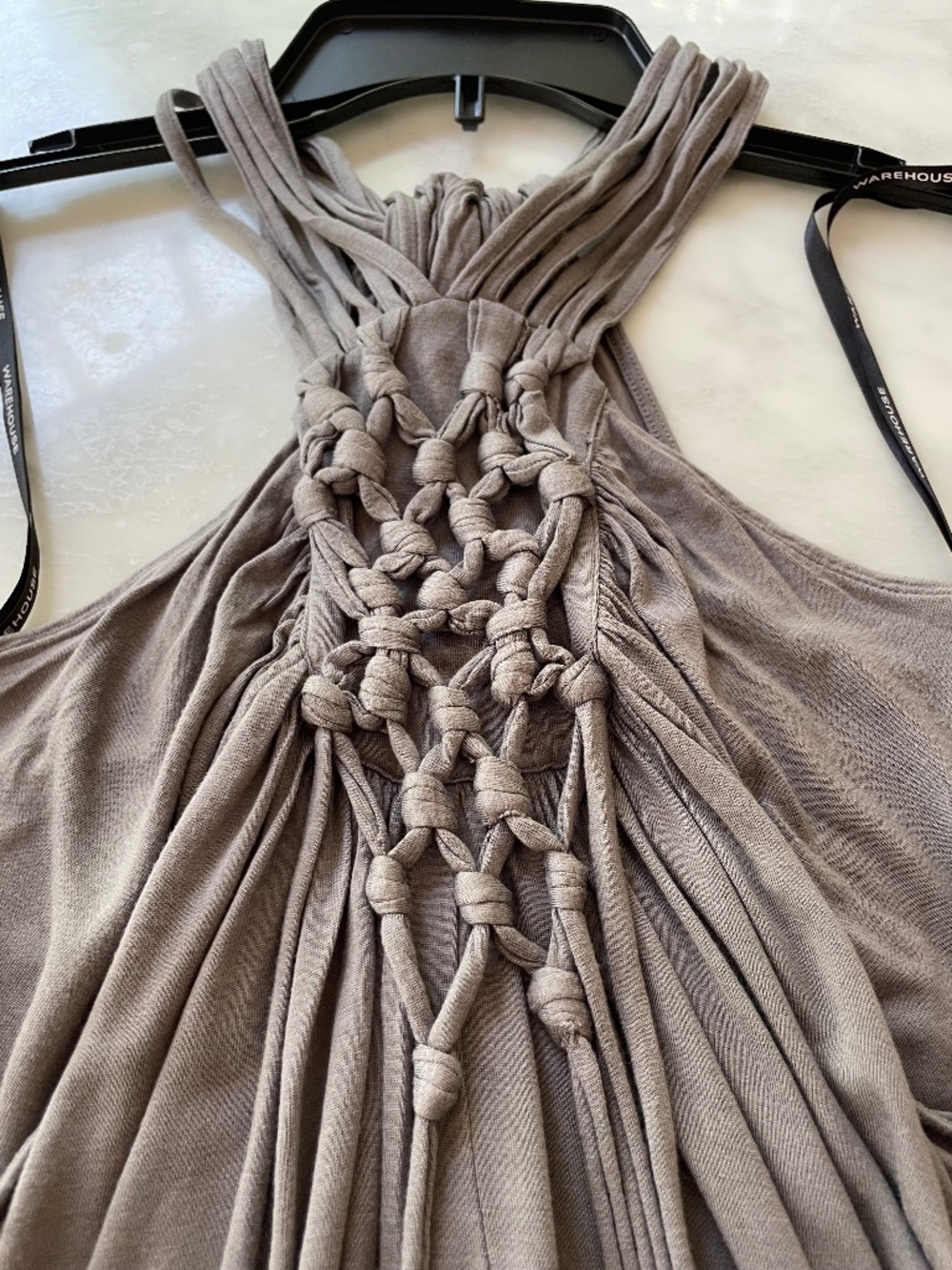 Warehouse Gray Macrame Knotted Halter Top UK 8 Boho Fringe Drape Cami